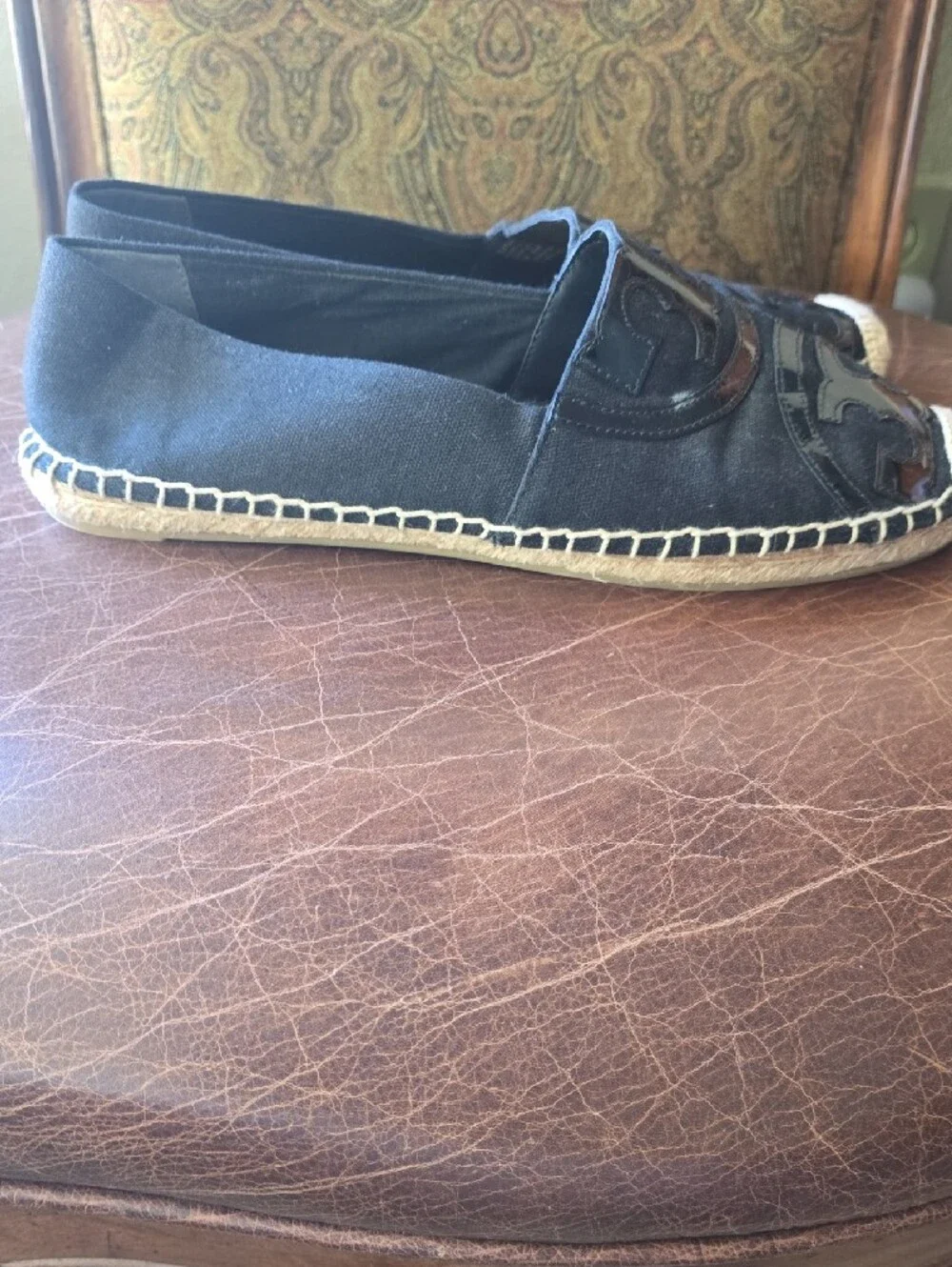 Tory Burch Black Espadrille Flats with Logo Appliqué